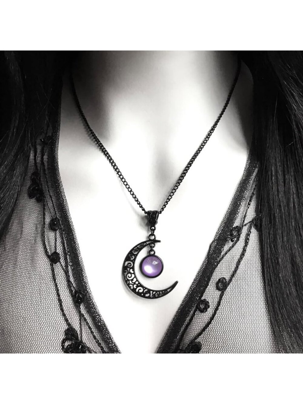 Women's Purple Vintage Moon Pendant Dark Style Black Crescent Halloween Necklace - Picture 2 of 2